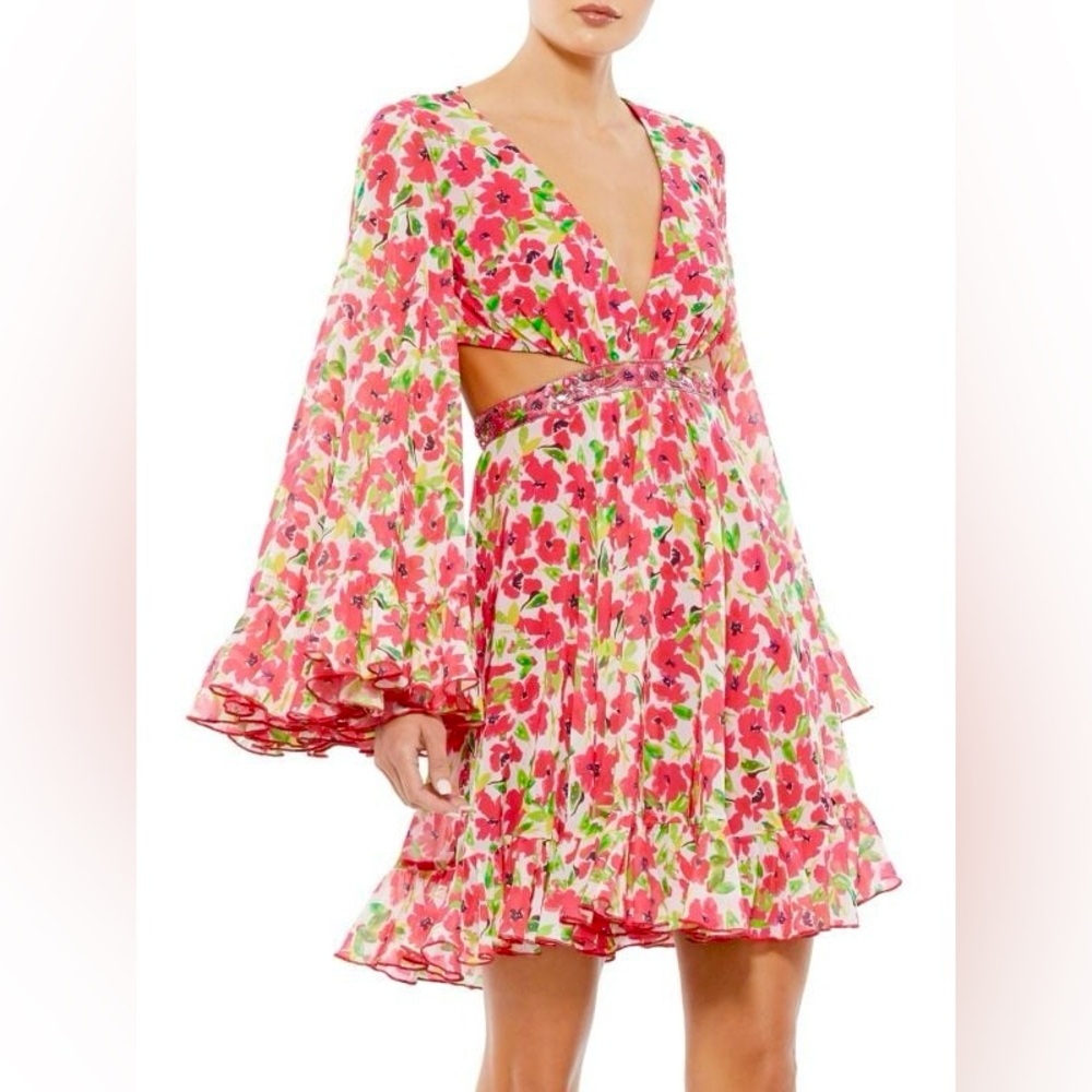 🌺 NWT! Mac Duggal Floral Cut Out  Ruffle Embroidered and Beaded Mini Dress